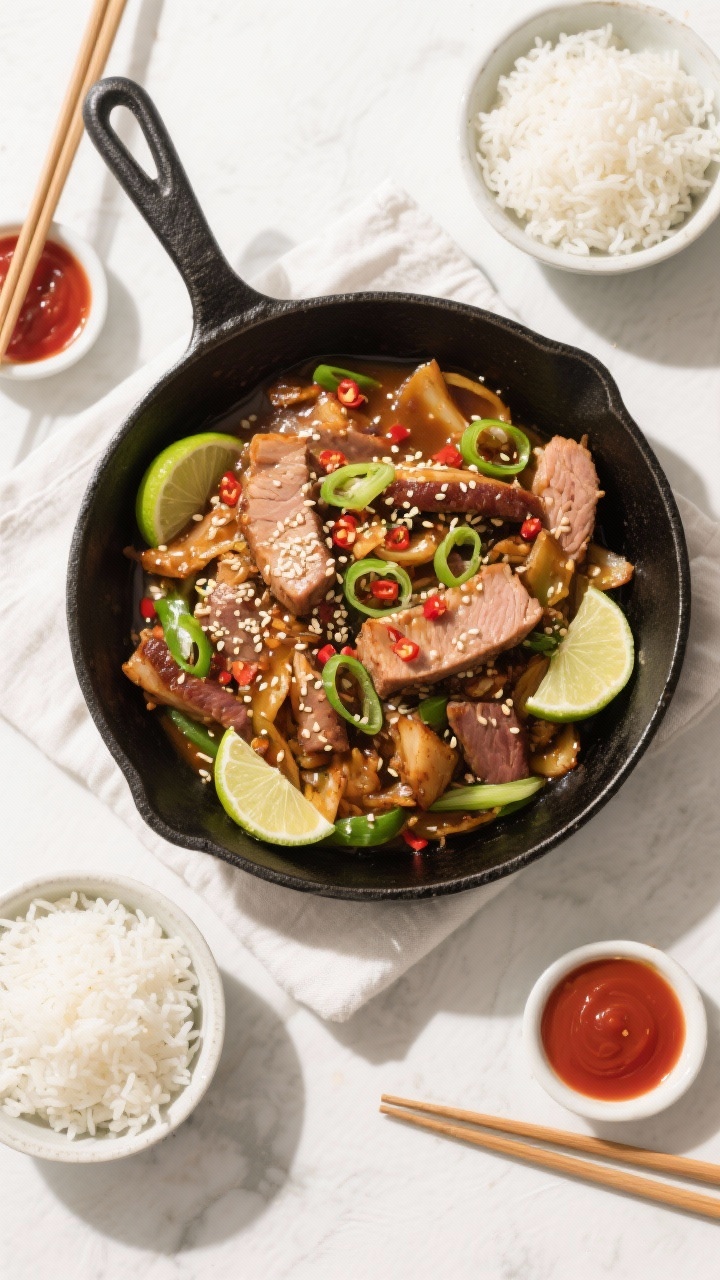 Tasty top view: Overhead shot of the finished Leftover Pork Tenderloin Stir Fry served family-style 