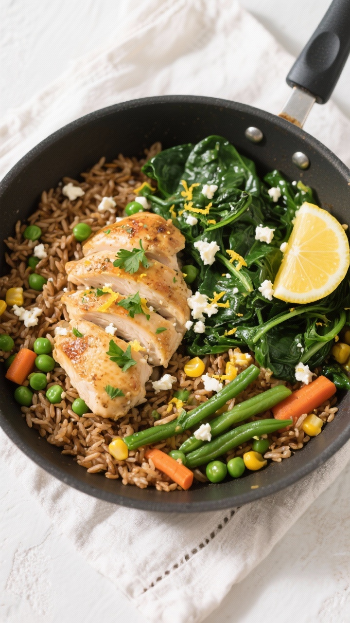 Healthy Family Dinners Made Simple: Clean Eating On A Budget That Doesn’t Taste Like Homework Tasty top view: Overhead shot of the finished one-pan chicken, brown rice, and vegetables in a wide