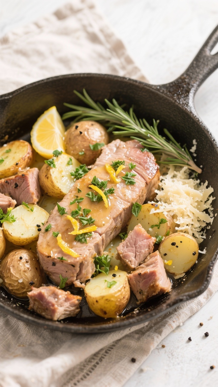 Turn Last Night’s Roast Into Tonight’s Win: Leftover Pork Tenderloin Skillet with Potatoes and Herbs Tasty top view: Overhead shot of the finished pork tenderloin skillet with potatoes and herbs, potat