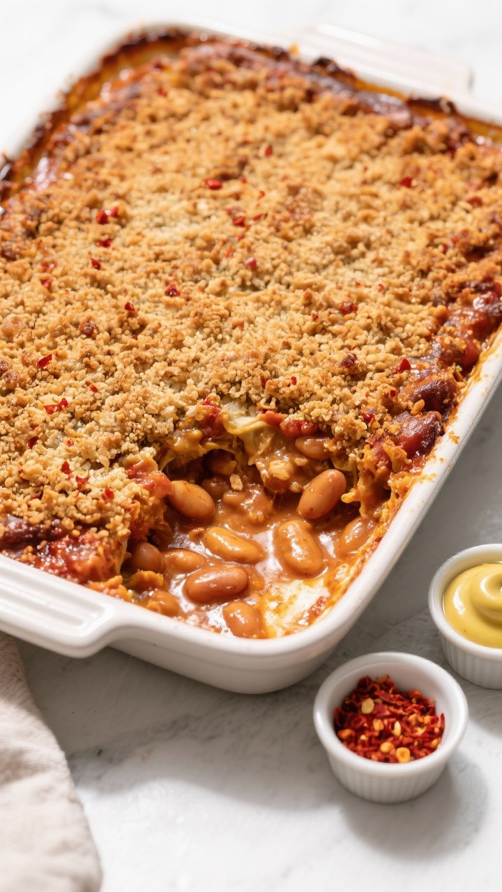 Tasty top view: Overhead shot of the full casserole in a 9x13 baking dish, evenly bronzed crunchy to