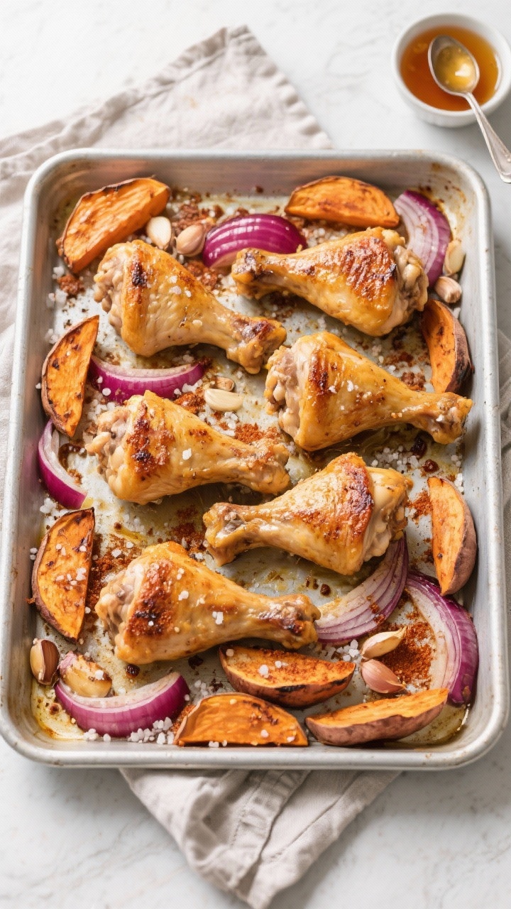 Tasty top view: Overhead shot of the full sheet pan just out of a 425°F oven—six golden-brown chi