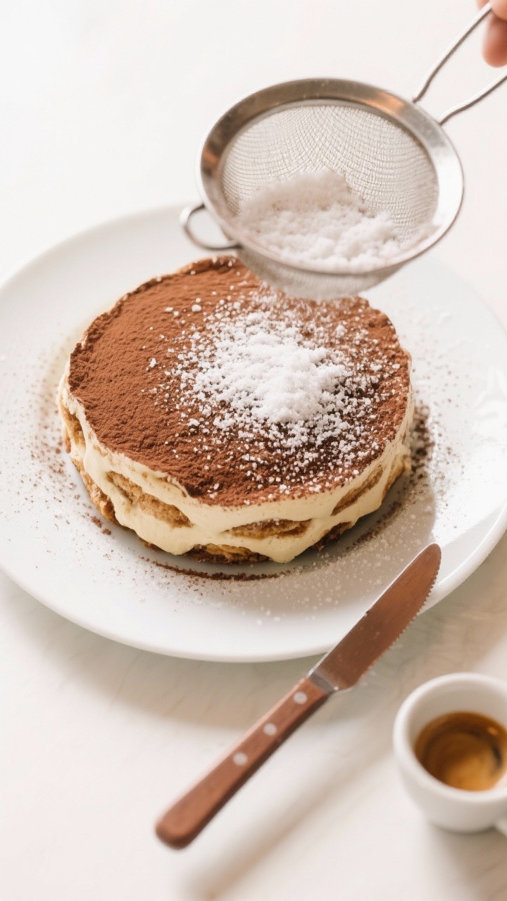Tasty top view: Overhead shot of the fully set tiramisu just before serving, a fine-mesh sieve dusti