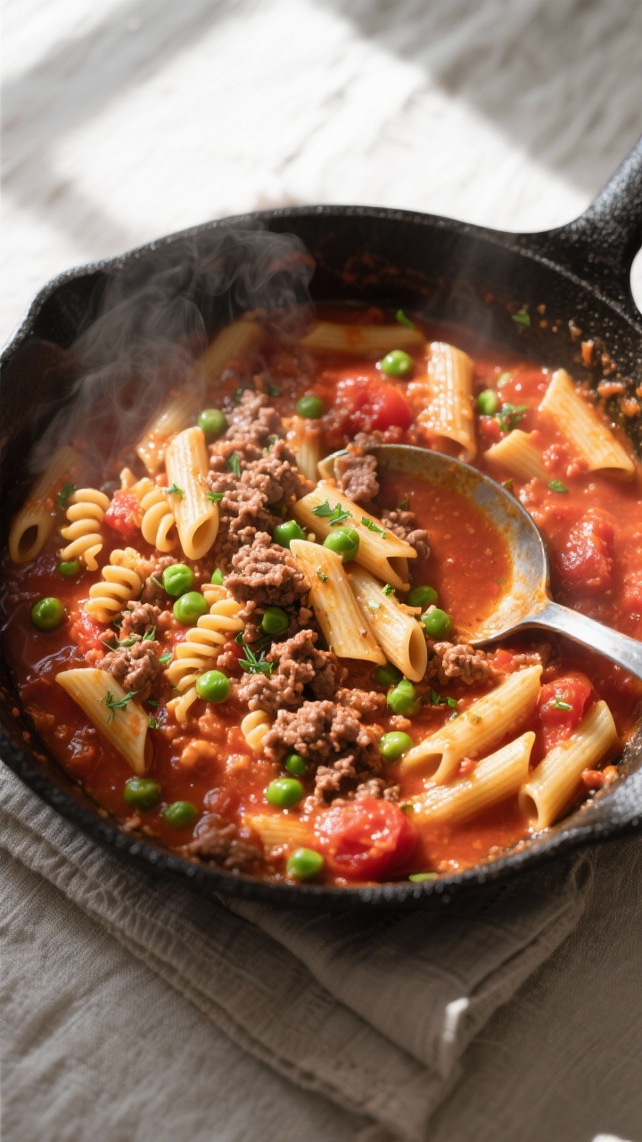 Tasty top view: Overhead shot of the one-pan pasta mid-simmer—short pasta (penne/rotini) bubbling 