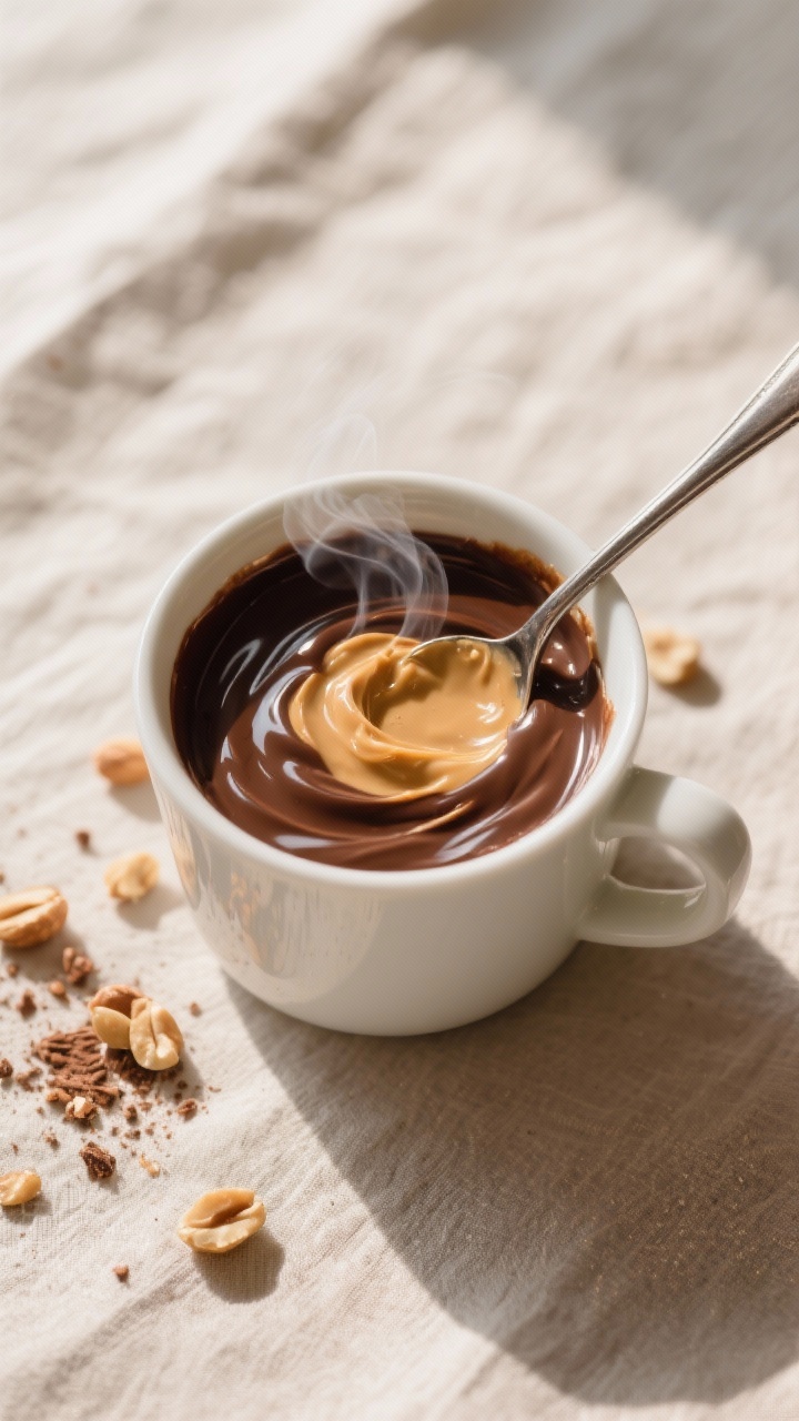 Tasty top view: Overhead shot of the “Peanut Butter Lava” variation still in the mug, spoon brea