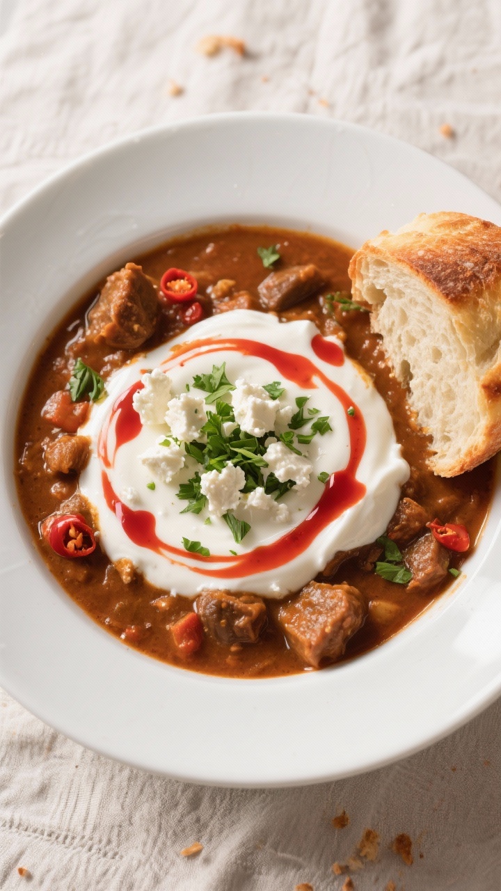 Tasty top view: Overhead shot of the stew ladled into a wide white bowl, garnished with a swoosh of 