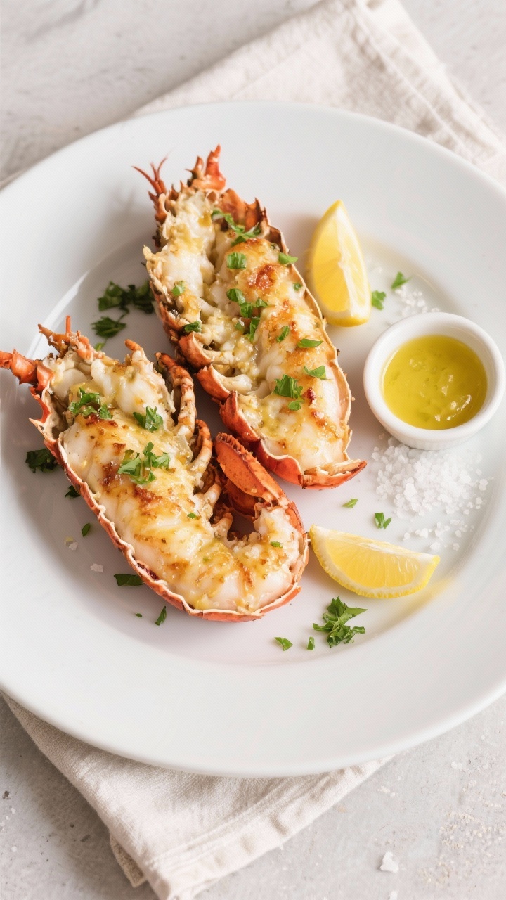 Tasty top view: Overhead shot of two plated Valentine’s Day lobster tails on a matte white plate, 