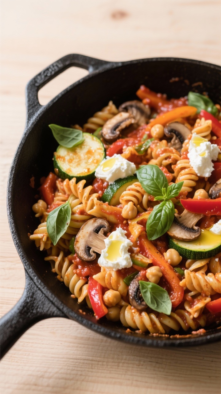 Budget-Friendly Leftover Pasta Sauce Recipes the Whole Family Loves: Turn Last Night’s Sauce into Tonight’s Hero Tasty top view: Overhead shot of Veggie Power-Up skillet pasta—marinara-tossed spirals loaded with