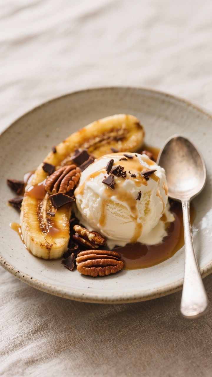 Tasty top view: Overhead shot of warm caramelized bananas spooned over a scoop of vanilla ice cream 