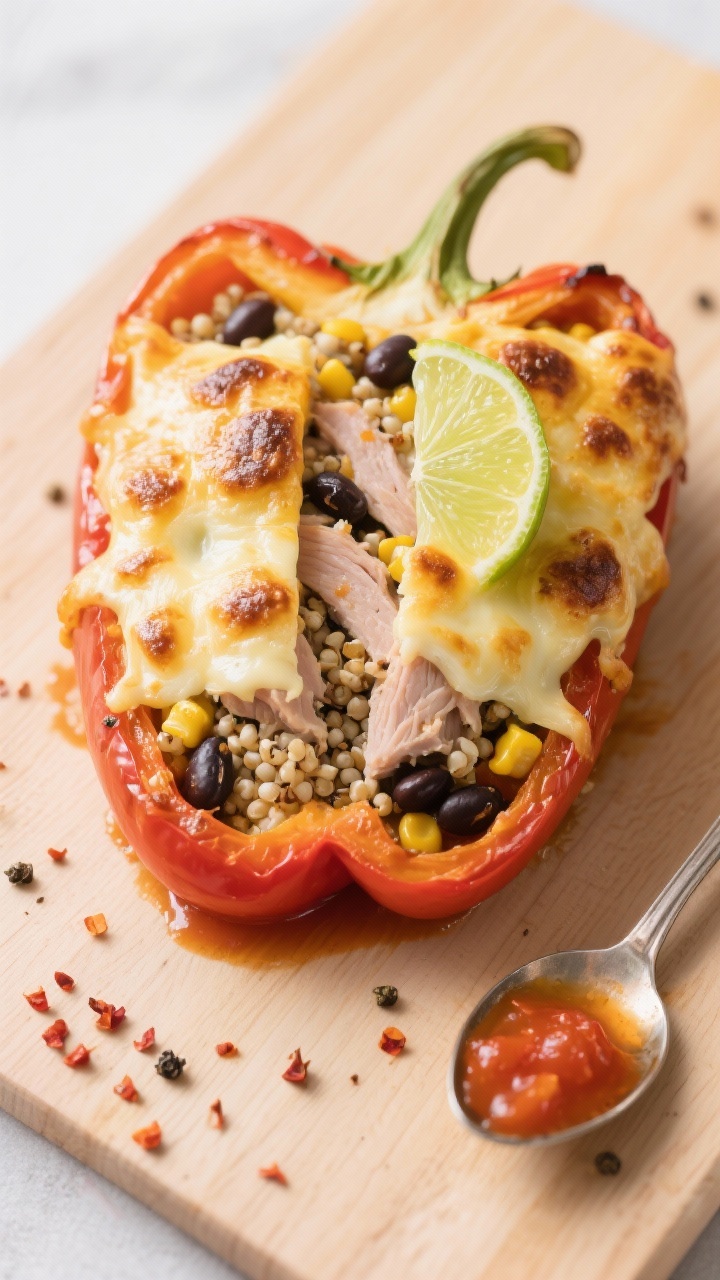 Tasty top view: Overhead slice-open shot of a stuffed pepper halved to reveal the cross-section—ju
