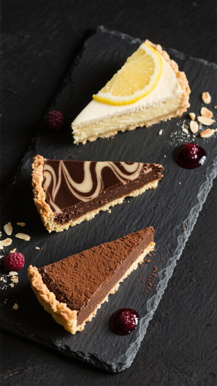 Tasty top view: Overhead slice trio on a dark slate board—one classic vanilla-lemon slice with a f