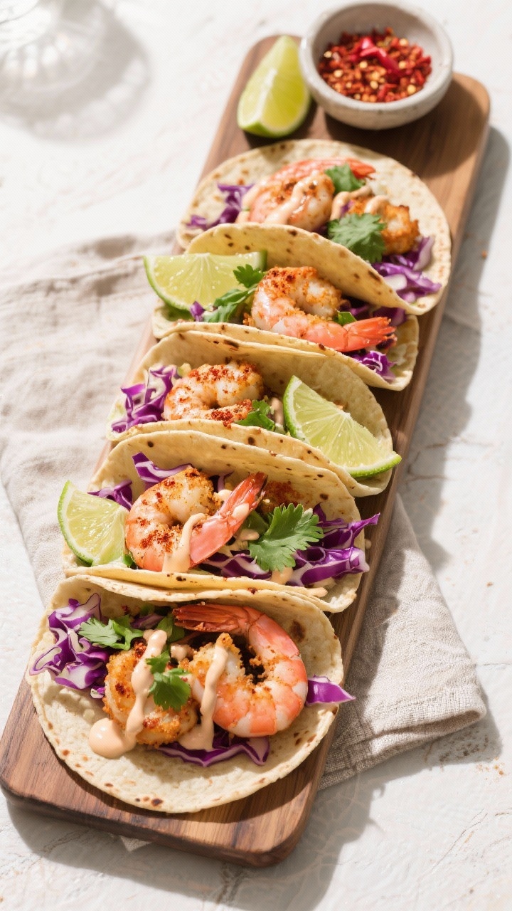 Tasty top view: Overhead taco board with chili-lime variation of the air-fried shrimp nestled in war