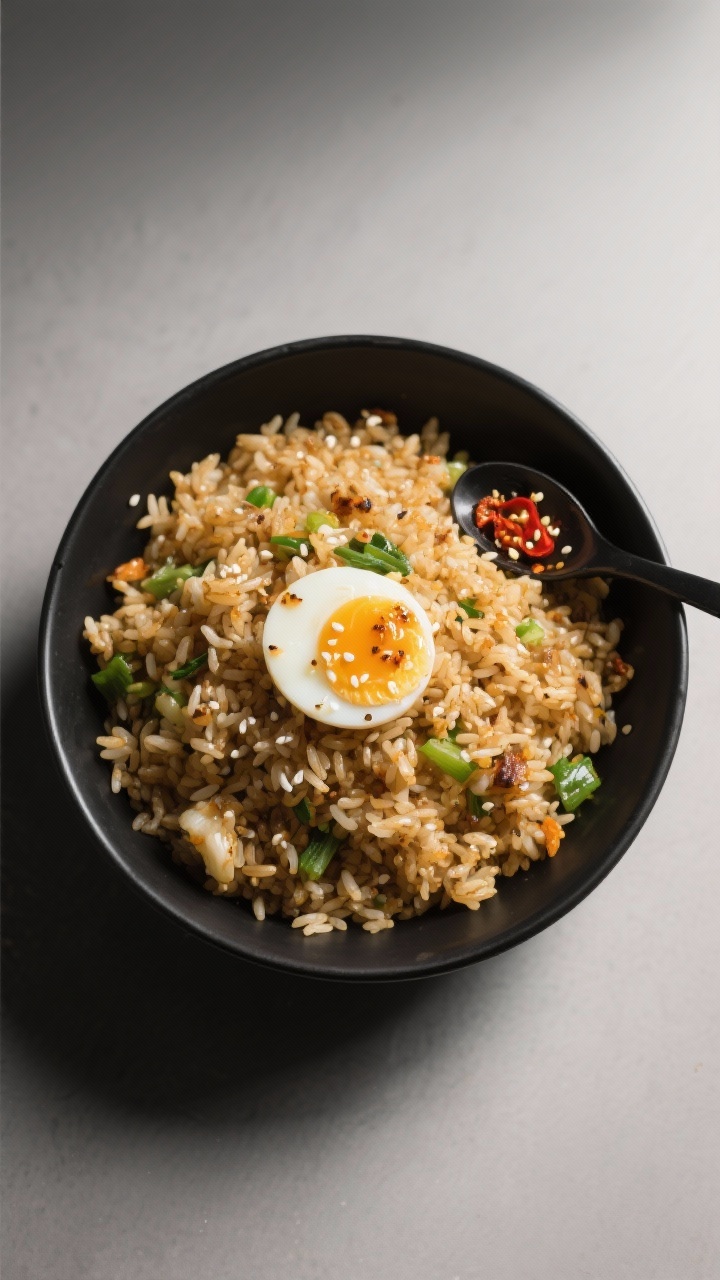 Tasty top view: Overhead, tightly framed shot of a generous serving of fried rice in a matte black b