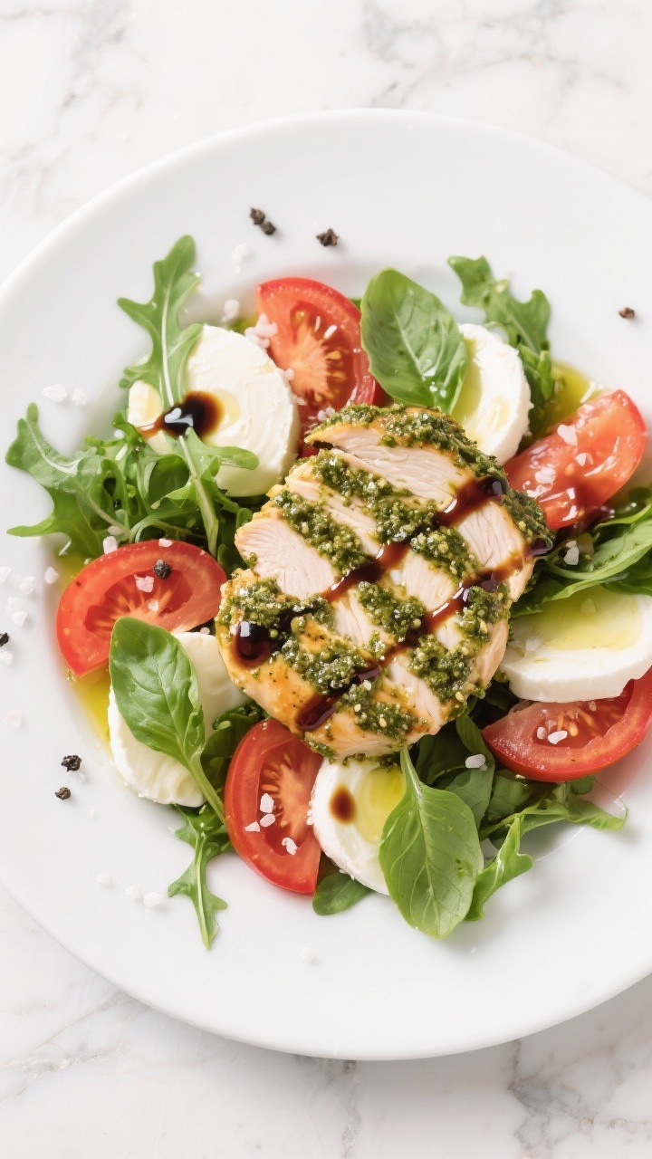 Tasty top view – Pesto Chicken Caprese Salad: Overhead shot of a bright plate of arugula topped wi