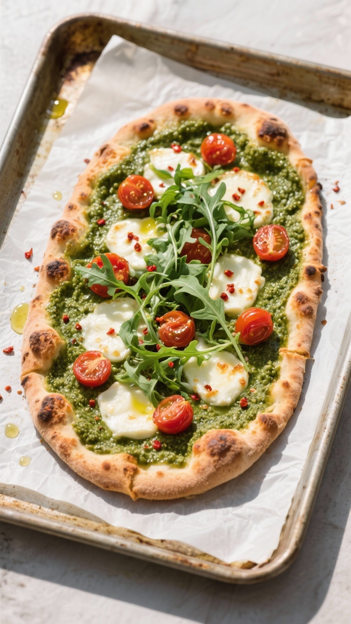 Tasty top view: Pesto flatbread pizza fresh from the oven on a parchment-lined sheet pan; vibrant gr