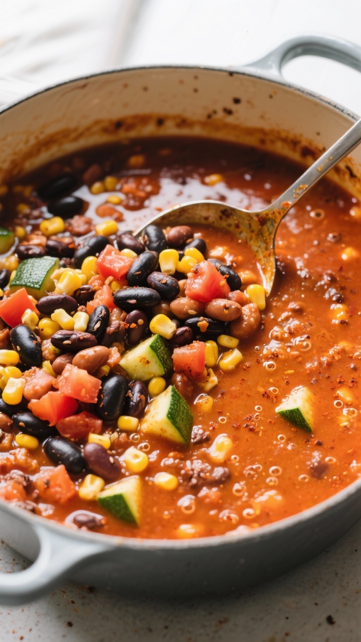 Tasty top view – Simmering chili: Overhead shot of the chili at a gentle simmer in a large pot, sh