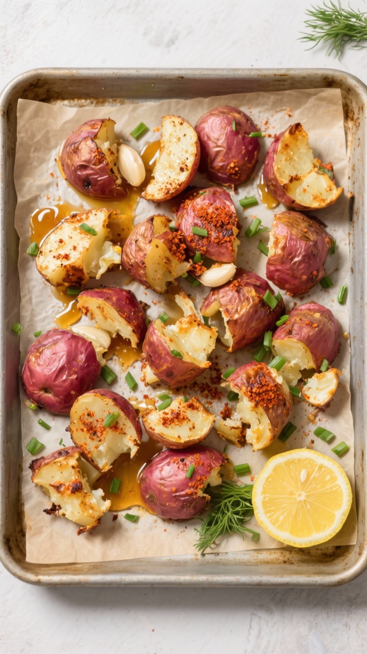 Tasty top view — Smashed potatoes “maximum-crisp” sheet pan: Overhead shot of smashed red pota