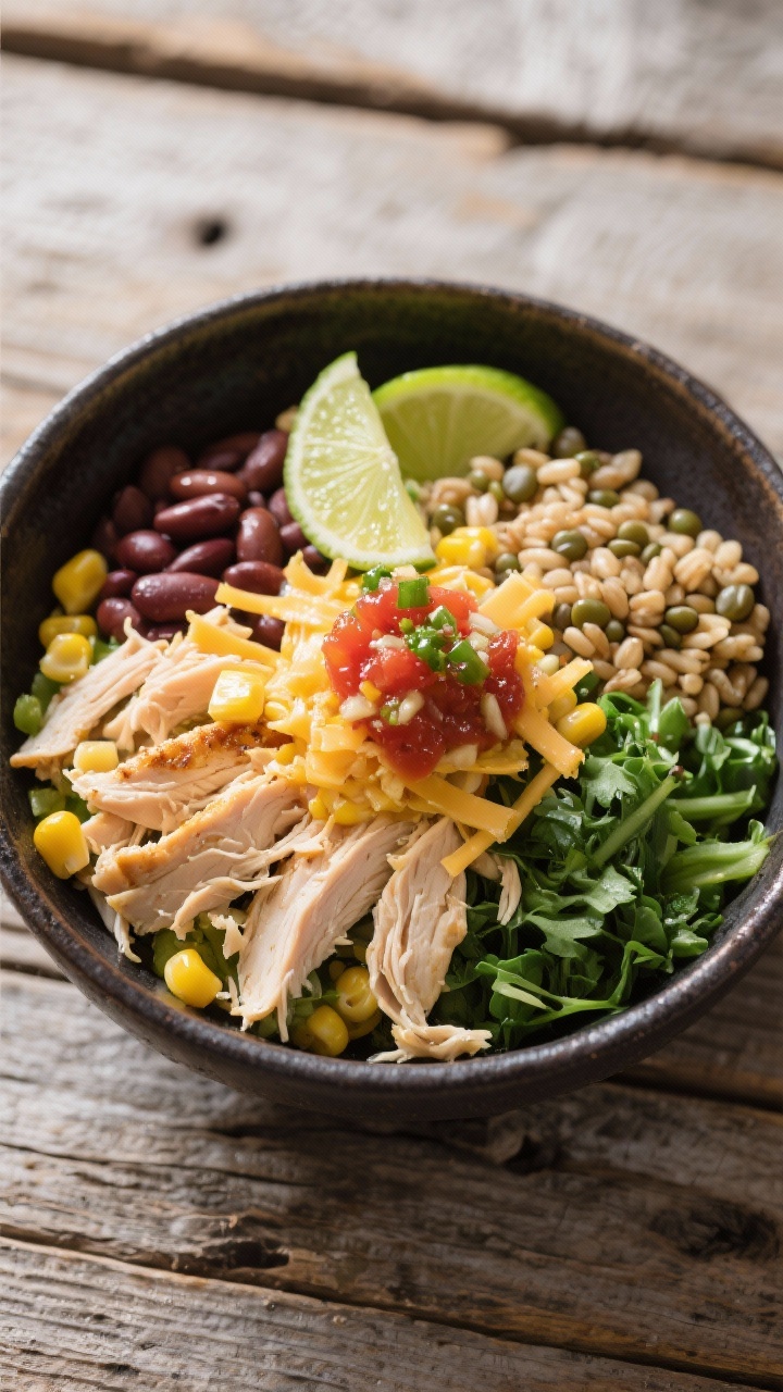 Tasty top view: Southwest Chicken Bowl variation—overhead shot of the medley transformed with shre