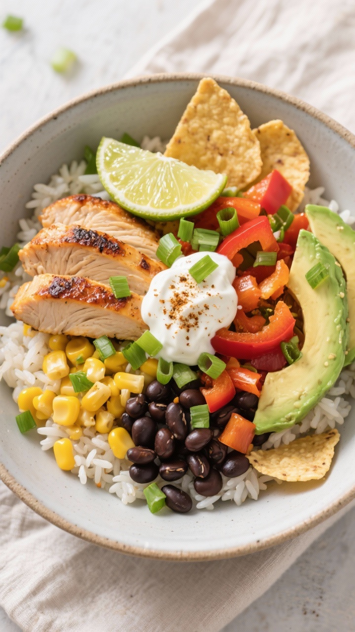 Tasty top view: Southwest rice bowl overhead shot showing neat layers of fluffy rice, juicy grilled 