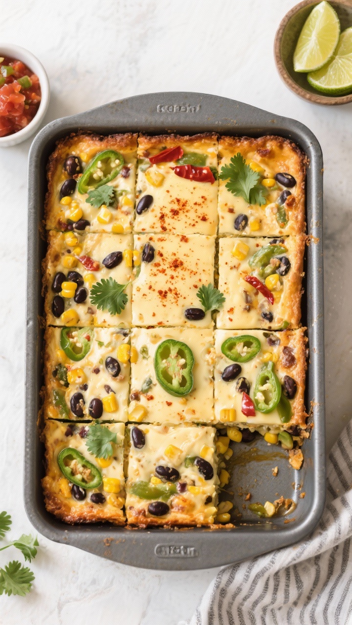 Tasty top view: Southwest variation baked and sliced—top-down shot of neatly cut squares in the pa