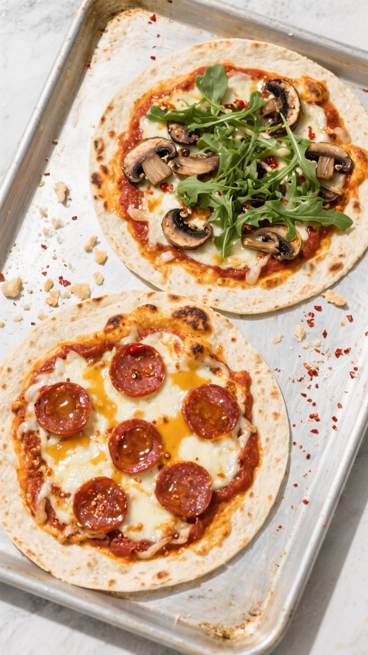Tasty top view – Speedy Tortilla Pizzas: Overhead shot of two ultra-crispy tortilla pizzas on a sh