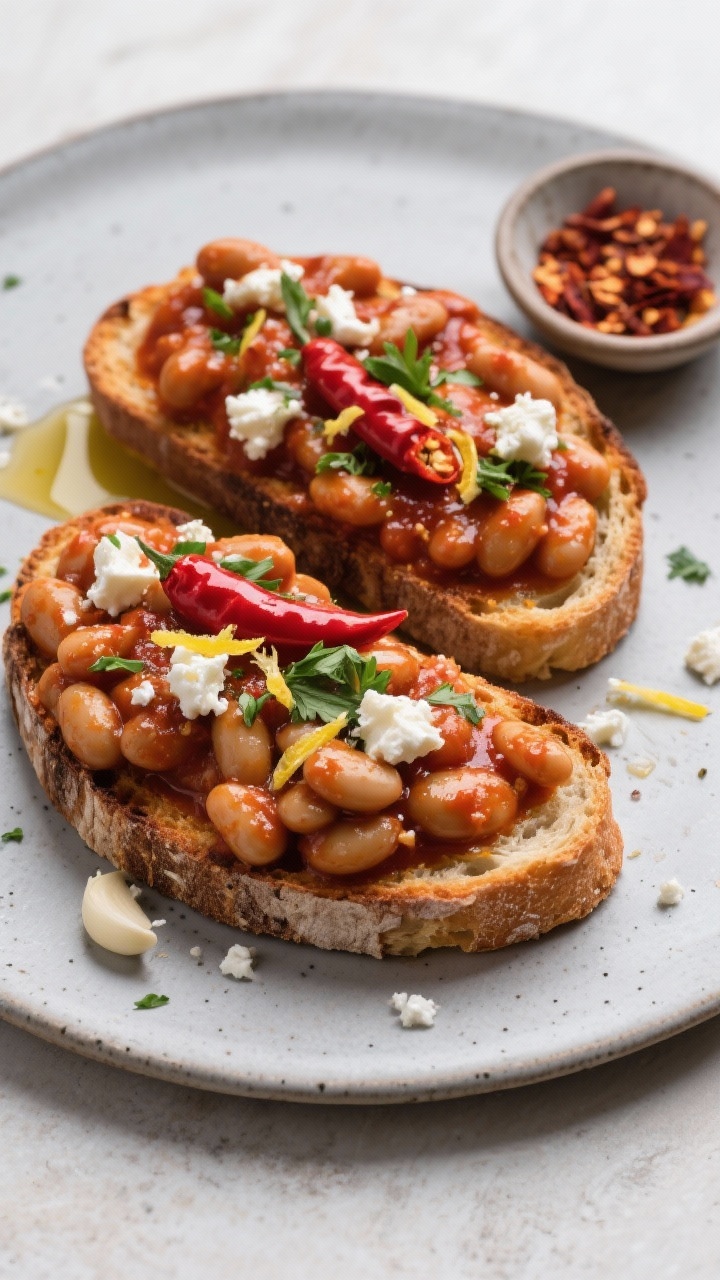 Tasty top view: Spicy Beans all’Arrabbiata on garlicky toast—overhead shot of thick saucy cannel