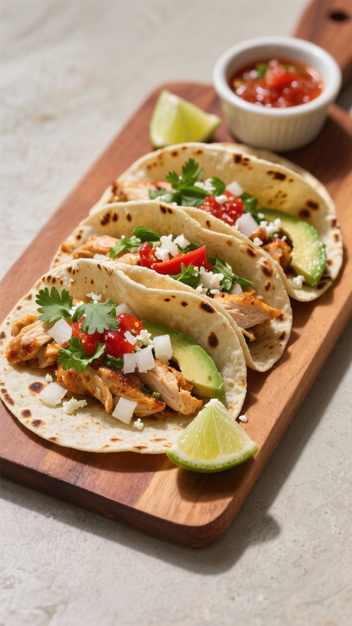 Tasty top view: Street-style chicken tacos arranged on a warm tortilla-lined board, evenly filled wi