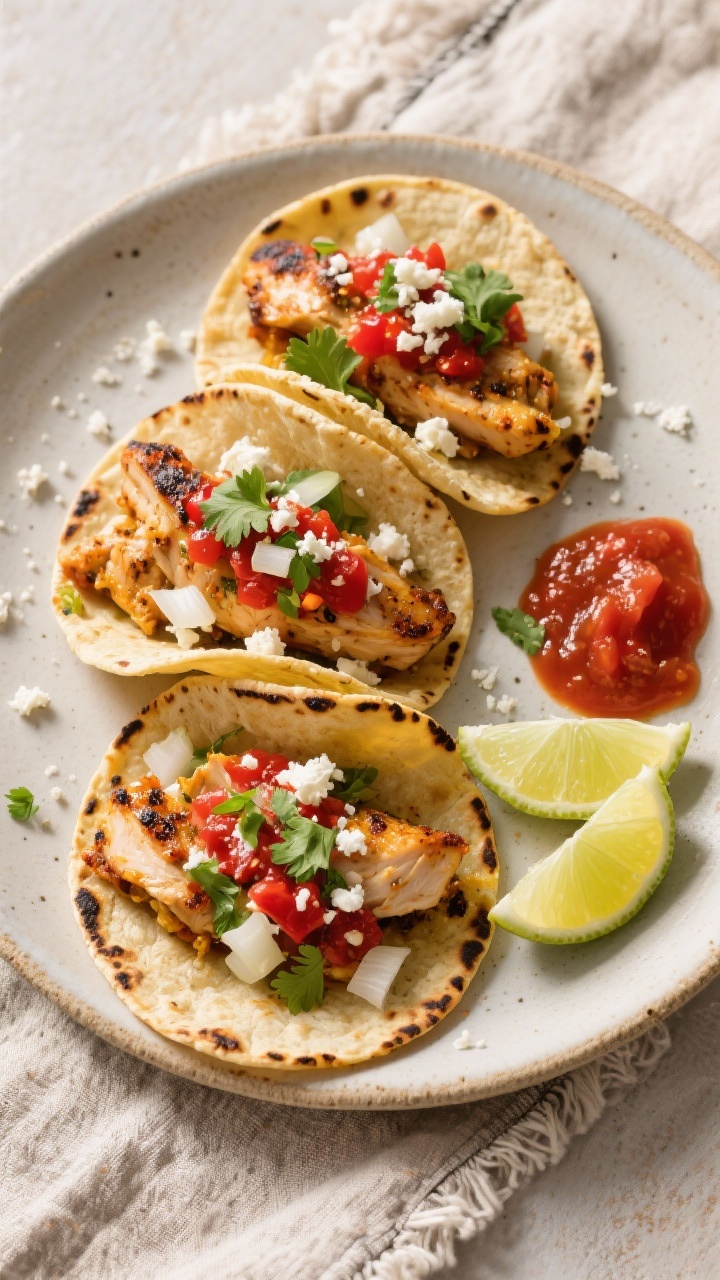 Tasty top view: Street-style chicken tacos, overhead shot of three small charred corn tortillas load