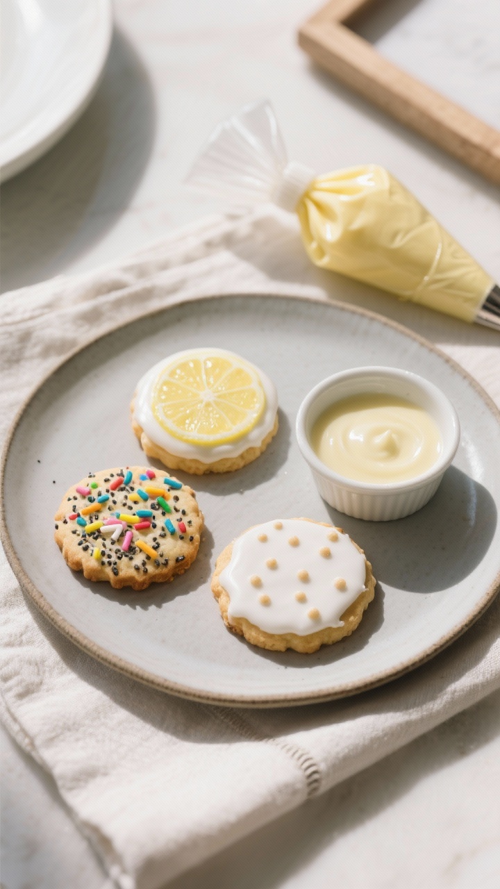Tasty top view: Styled dessert plate scene with three decorated cookies (one lemon-poppyseed variati