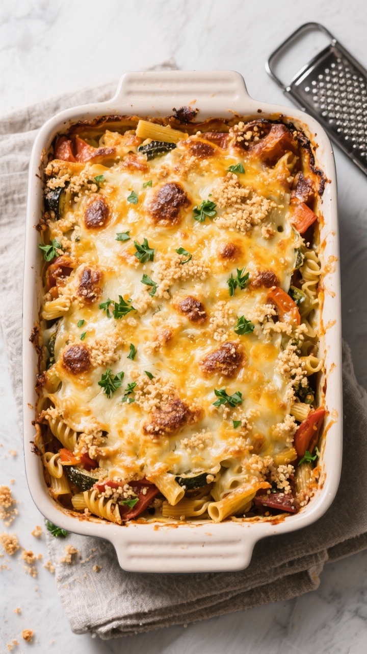 Tasty top view: The assembled vegetable pasta bake in a 9x13 baking dish just out of the oven—gold