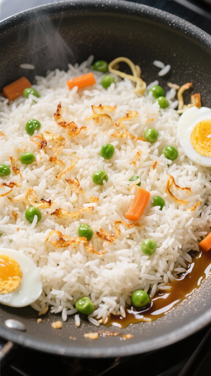 Tasty top view — Toasting the rice: Overhead shot of day-old jasmine rice spread in an even layer 