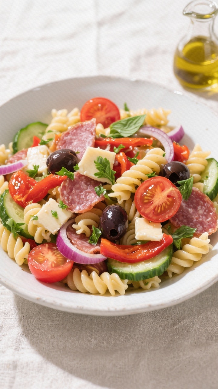 Tasty top view — tossed pasta salad: Overhead shot of the finished Italian pasta salad in a wide w