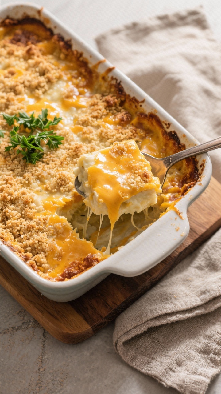 Tasty top view (variation): Overhead hero shot of the fully baked casserole in the pan, evenly golde