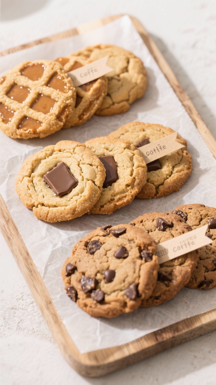 Tasty top view variation: Overhead shot of a café-style cookie spread featuring three versions: cla