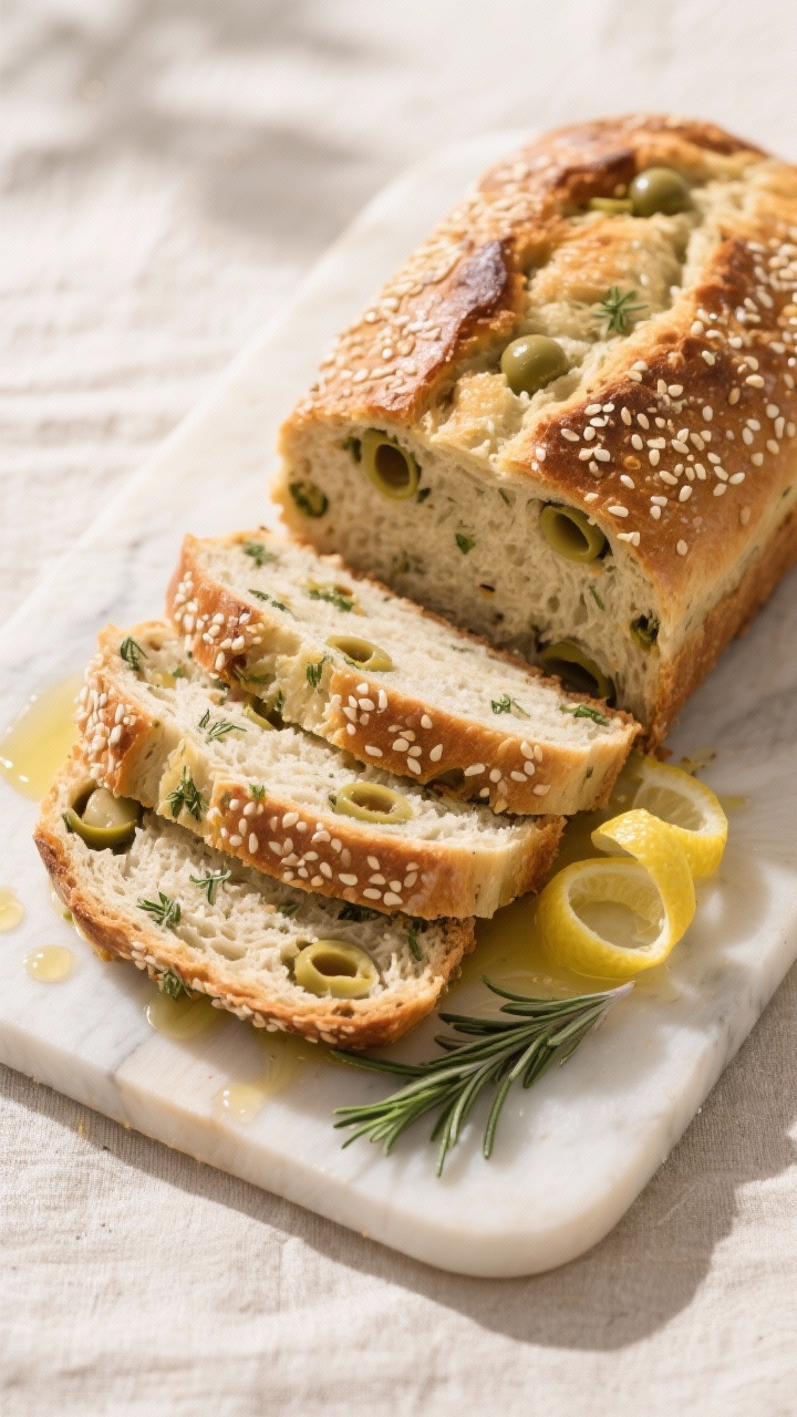 Tasty top view variation: Overhead shot of an olive and herb version of the loaf, baked and cooled, 