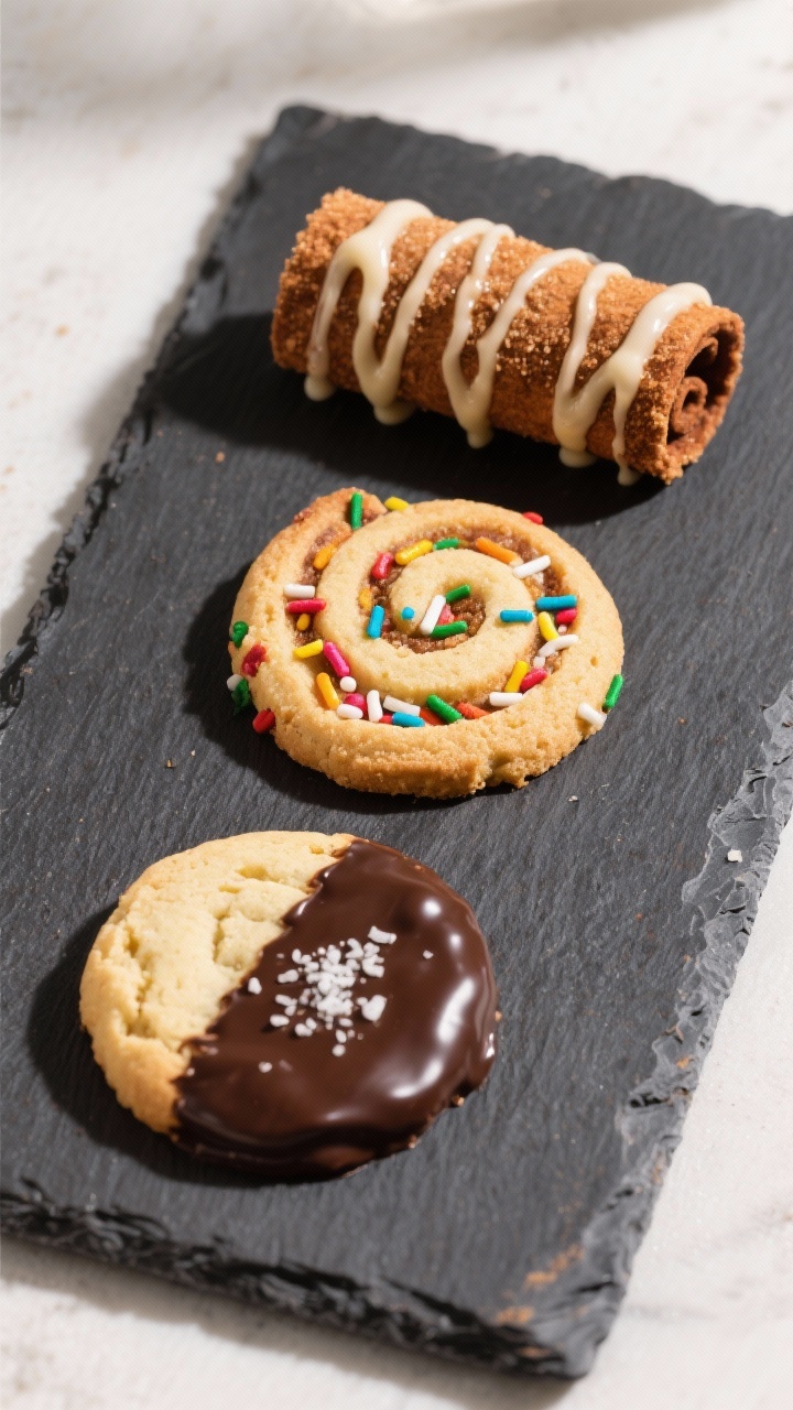 Tasty top view (variation showcase): Overhead trio of finished cookies on a slate board—one rolled