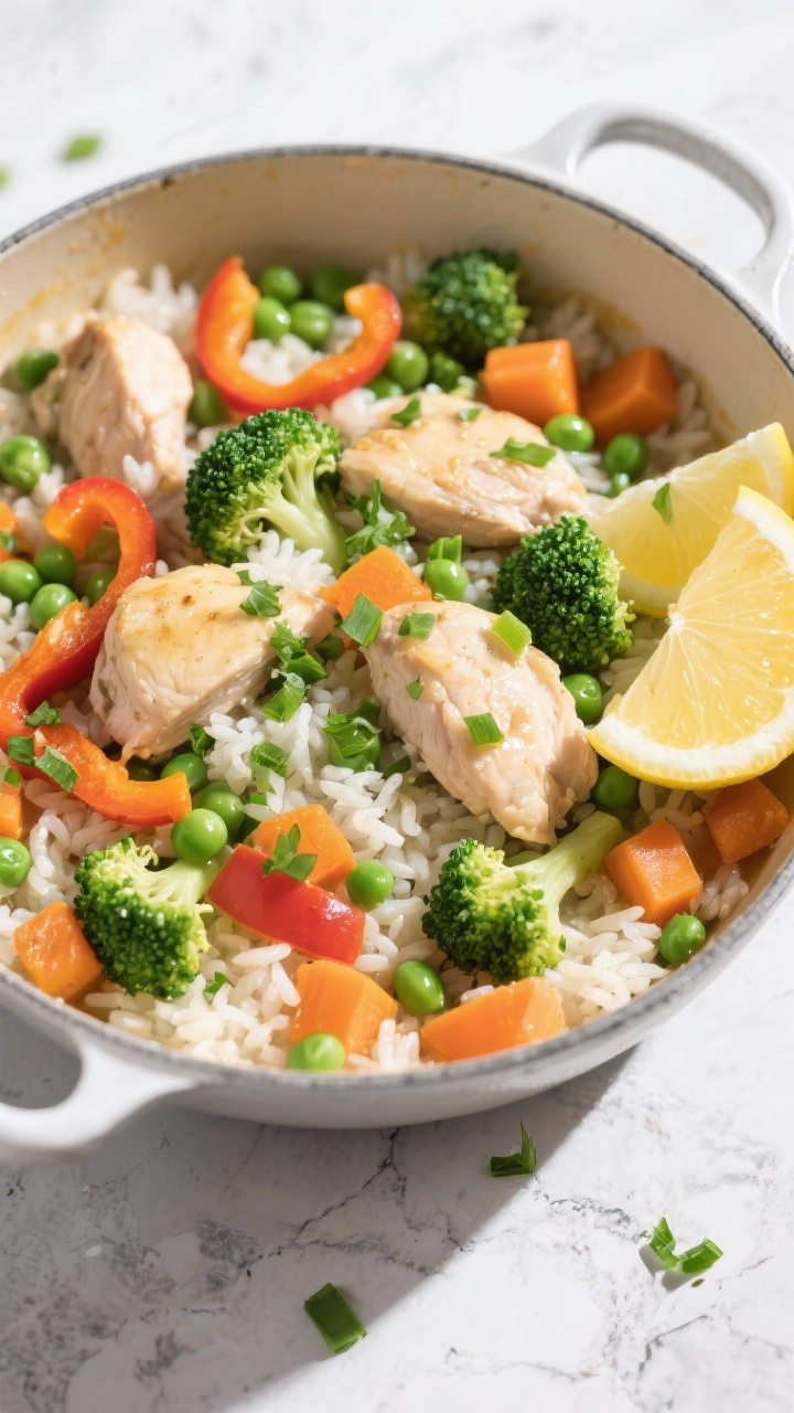 Tasty top view: Vegetables added and finished—vibrant mix of peas, carrots, broccoli florets, and 
