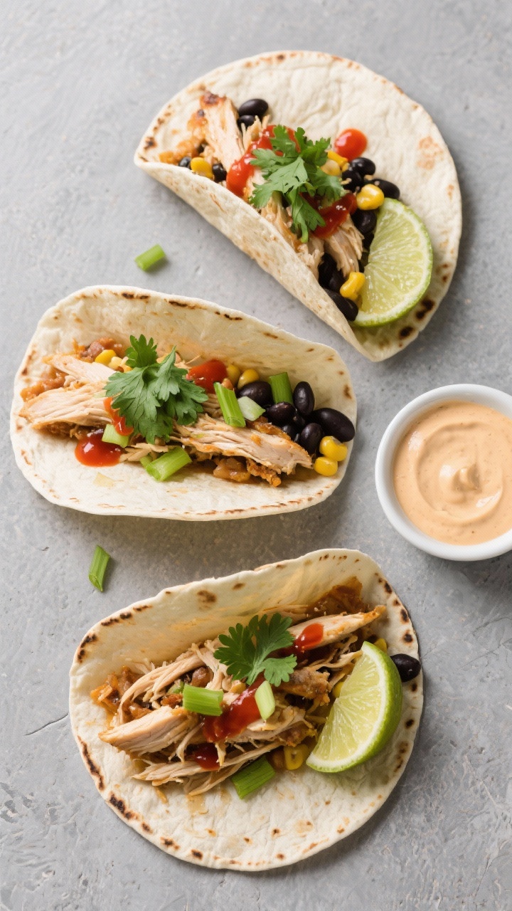 Tasty top view, weeknight tacos: Overhead shot of three warmed tortillas filled with juicy shredded 