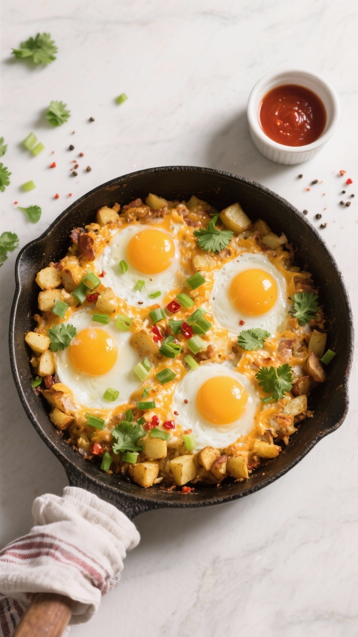 Tasty top view with egg nests: Overhead shot of the finished skillet showing 3–4 wells with just-s