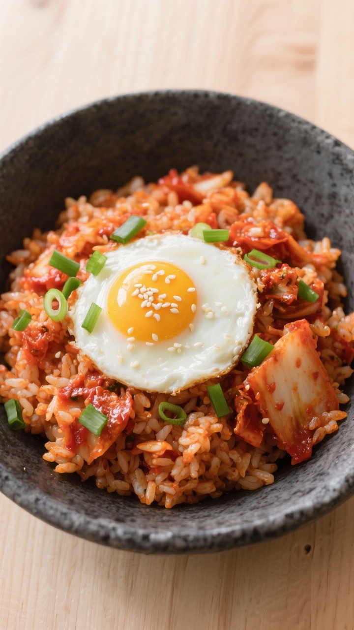 Variation spotlight, tasty top view: Overhead shot of the Spicy Kimchi variation—deeply sautéed r