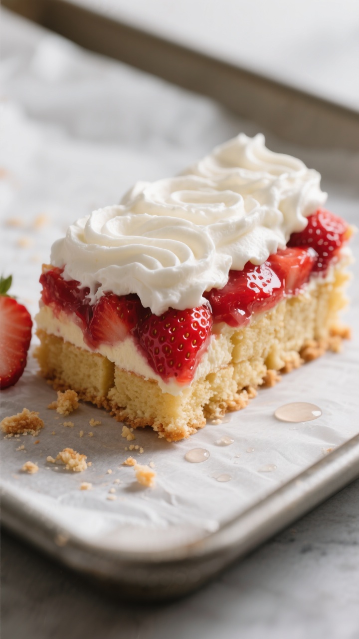 Close-up detail: A tight macro of a chilled strawberry shortcake bar slice just after lifting from t