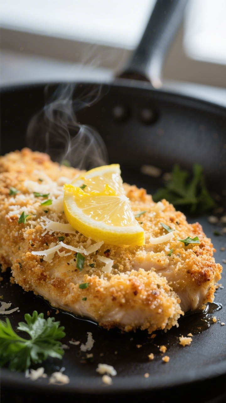 Chicken Dinner Ideas That Actually Make You Excited to Cook Tonight Close-up detail: Crispy Parmesan-crusted chicken cutlet just out of the skillet, golden panko-Parmes