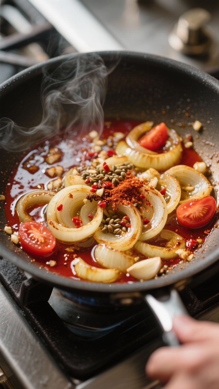 What To Cook When Your Pantry Is Almost Empty: The 15-Minute “Everything-But-The-Sink” Skillet That Saves Dinner Cooking process — Blooming spices in action: A sizzling skillet shot mid-cook with translucent gol