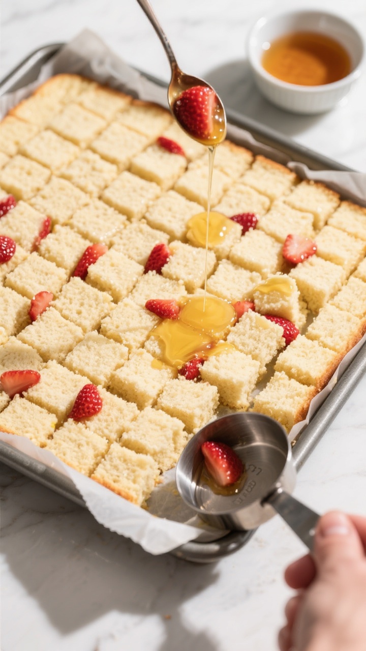 Cooking process: Overhead shot of the cake layer being built—an 8x8 pan lined with parchment, an e
