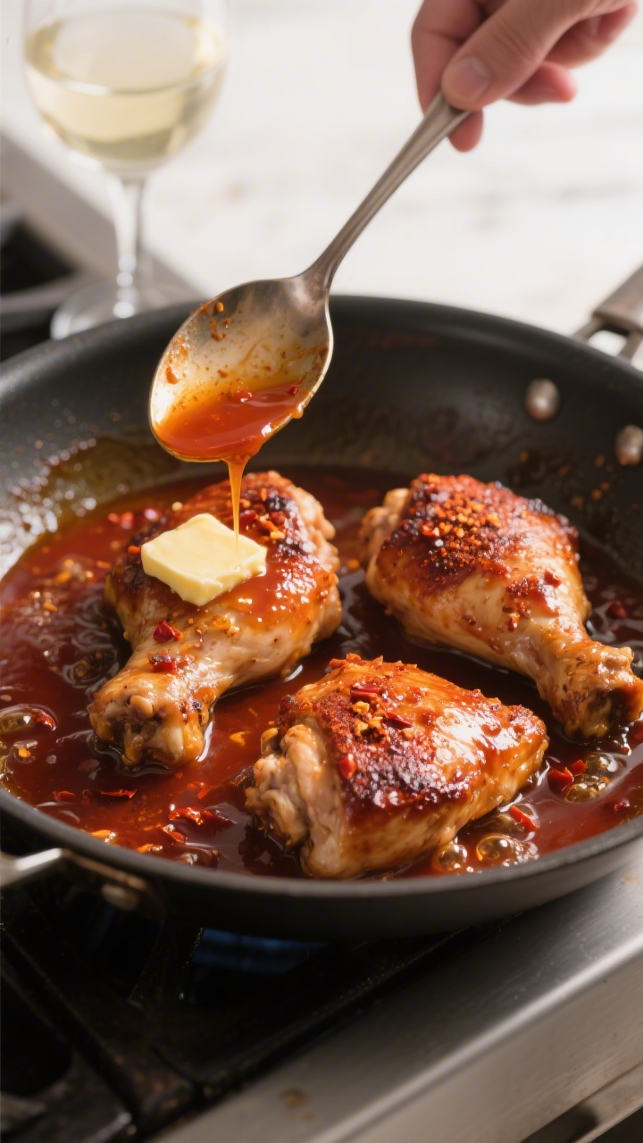 Chicken Dinner Ideas That Actually Make You Excited to Cook Tonight Cooking process: Skillet route in action—seared smoky-paprika chicken thighs being glazed in a bub