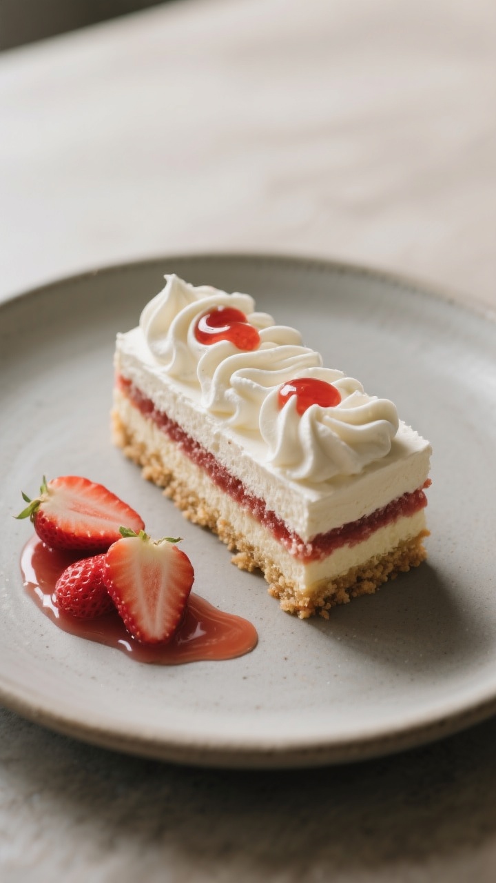 Final dish presentation: A single plated bar on a matte ceramic dessert plate with a small side pudd
