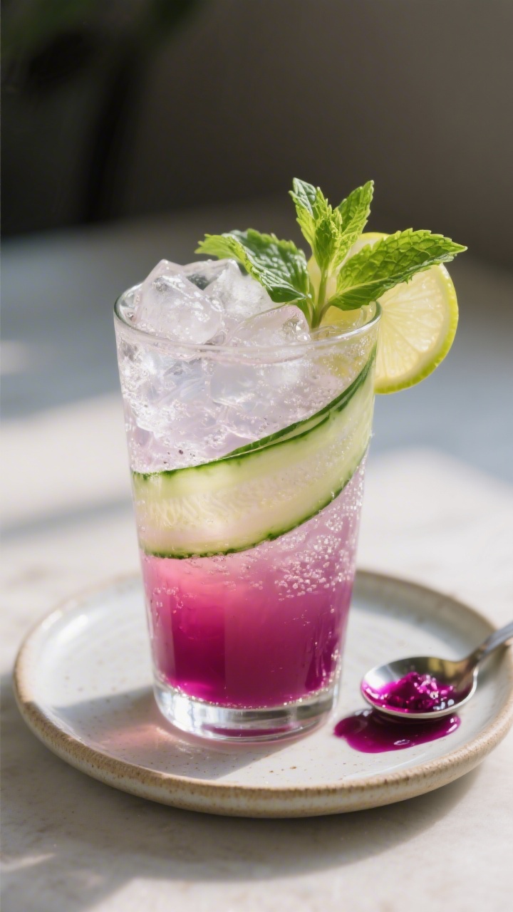 Non Alcohol Spring Cocktails From Leftover: Turn Fridge Scraps Into Sip-Worthy Gold Final dish presentation: Cucumber Mint Tonic mocktail in a chilled Collins glass, hibiscus-tinted ma