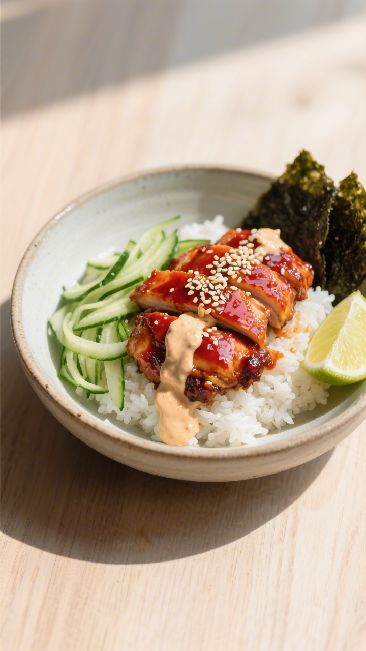Chicken Dinner Ideas That Actually Make You Excited to Cook Tonight Final dish presentation: Gochujang-sesame chicken bowl—sliced, lacquered chicken thighs over steam