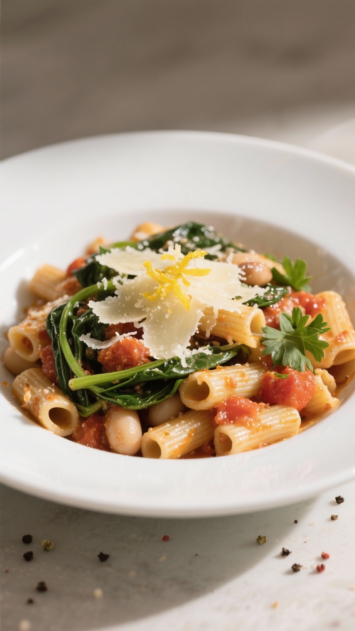 Pantry Clean Out Recipes For Budget Family Meals: Turn Forgotten Cans Into a 30-Minute Feast Everyone Will Crave Final dish presentation: Smoky Bean Pasta Skillet plated in a wide, shallow white bowl—rigatoni ta