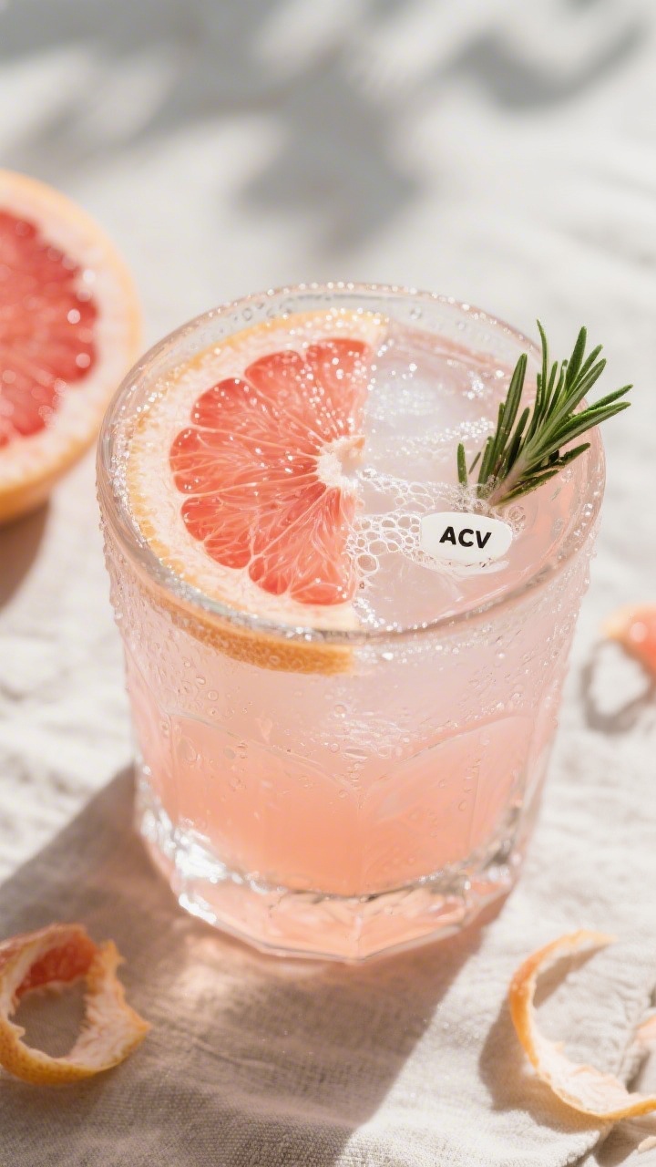 Non Alcohol Spring Cocktails From Leftover: Turn Fridge Scraps Into Sip-Worthy Gold Tasty top view: Overhead shot of a Grapefruit Rosemary Spritz mocktail—pale blush pink from black