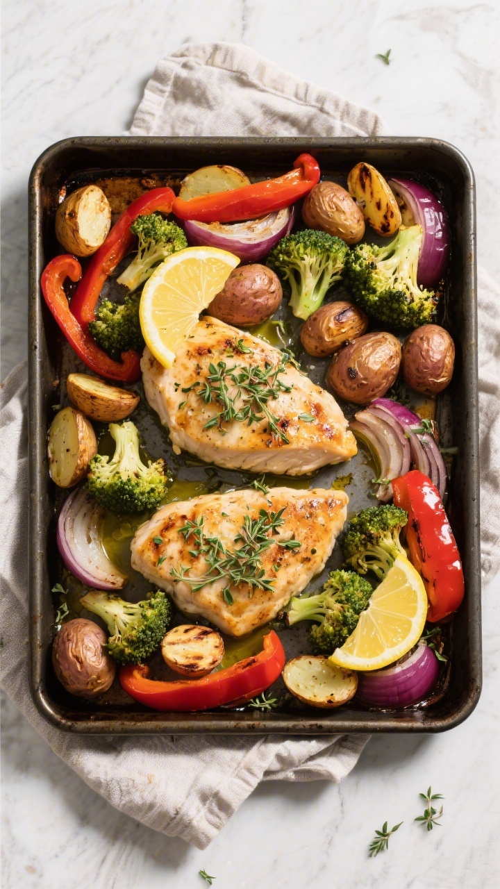 Chicken Dinner Ideas That Actually Make You Excited to Cook Tonight Tasty top view: Sheet-pan dinner at 425°F—overhead shot of herby-lemon chicken cutlets nestled am